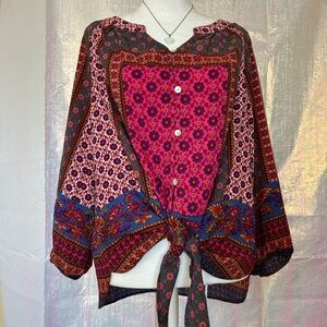 Boho Floral Tie-Front Women's Top in Fuchsia Pink/Multi. Size L. 70s Inspired.